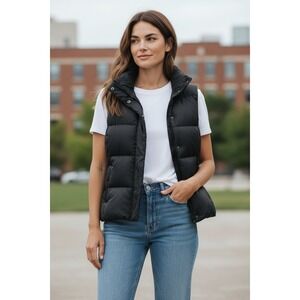 EILEEN FISHER PETITE‎ Black Quilted Down Vest Funnel Neck Puffer Sleeveless PS
